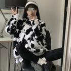 Cow Print Fluffy Half-zip Pullover White & Black - One Size