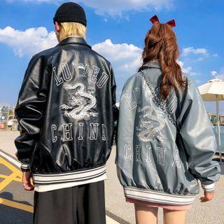 Dragon Embroidered Lettering Faux-leather Jacket