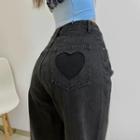 Washed Cutout Heart Straight-leg Jeans