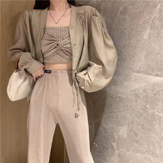 Two Tone Plaid Tube Top / Puff Sleeve Blouse Shirt / High Waist Straight Leg Split Pants
