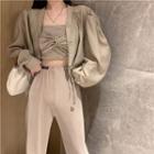 Two Tone Plaid Tube Top / Puff Sleeve Blouse Shirt / High Waist Straight Leg Split Pants