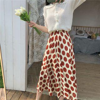Polo Neck Button Open Knit Top / Polka Dot Midi Skirt