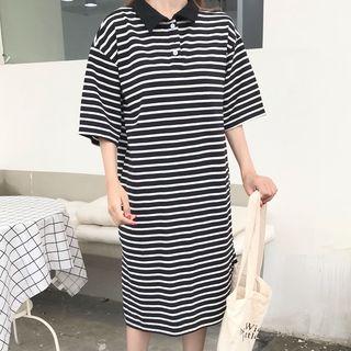 Elbow-sleeve Striped Midi Polo Shirt Dress