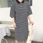 Elbow-sleeve Striped Midi Polo Shirt Dress