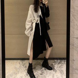 Two-tone Irregular Hem Long-sleeve Midi Shirtdress Black & White - One Size
