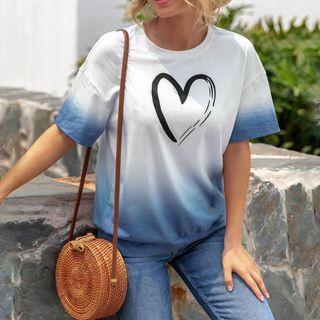 Short-sleeve Crew Neck Heart Print Gradient T-shirt