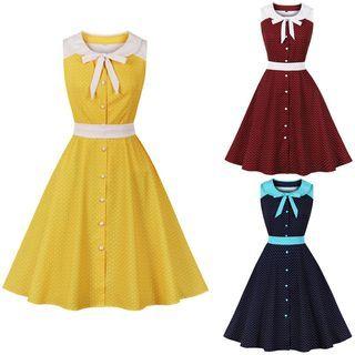 Sleeveless Polka Dot A-line Shirt Dress