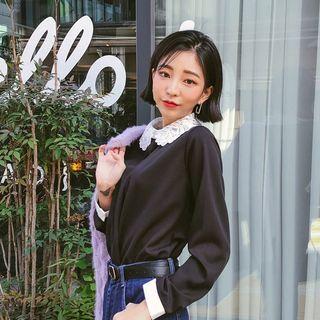 Lace-collar Hidden-button Blouse