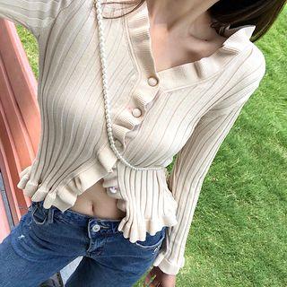 Long-sleeve Ruffle Trim Ribbed Knit Cardigan