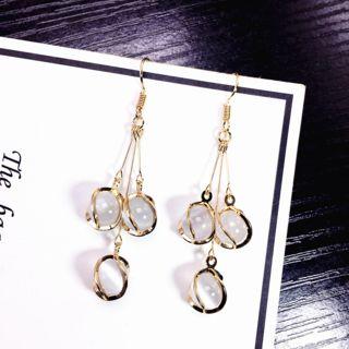 Faux Cat Eye Stone Fringed Earring 1 Pair - Gold & White - One Size