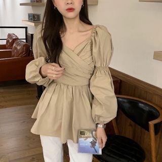 Long-sleeve V-neck Peplum Blouse