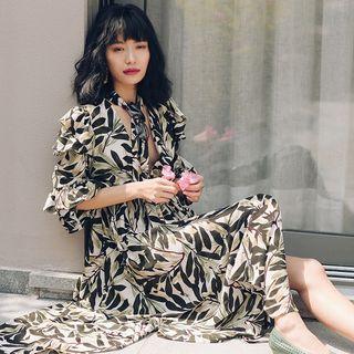 Leaf Print Elbow-sleeve A-line Midi Dress