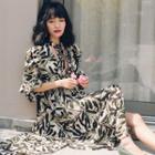 Leaf Print Elbow-sleeve A-line Midi Dress