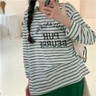 Long-sleeve Striped Lettering T-shirt Stripes - White & Green - One Size