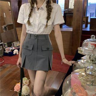 Short-sleeve Plain Pocket Shirt / A-line Mini Skirt