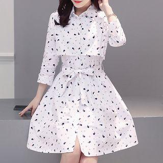 Long-sleeve Printed Mini A-line Shirtdress