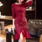 Flower Applique 3/4 Sleeve Dress