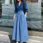 Long-sleeve Collared Button-up Denim Maxi A-line Dress Blue - One Size