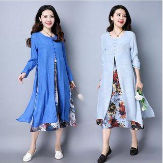 Mock Two Piece Long-sleeve A-line Midi Dress
