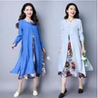 Mock Two Piece Long-sleeve A-line Midi Dress