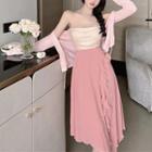 Asymmetrical Cold-shoulder Top / Ruffled Midi A-line Skirt / Cardigan