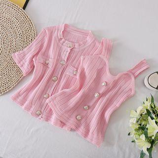 Set Of 2 : Plain Knit Suspender Top + Round-neck Short-sleeve Cardigan Jacket