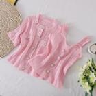 Set Of 2 : Plain Knit Suspender Top + Round-neck Short-sleeve Cardigan Jacket