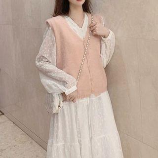 Set: Long-sleeve Midi A-line Dress + Single-breasted Knit Vest