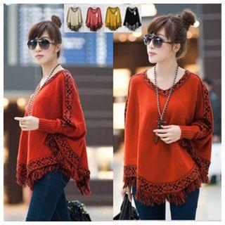 Pattern Fringe Knit Poncho