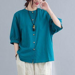 Elbow-sleeve Band-collar Shirt