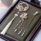 Set: Faux Pearl Hair Stick + Floral Drop Earring + Headpiece Set Of 4 - 1 Pair Drop Earrings & 2 Pcs Headpiece & 1 Pc Hair Stick - One Size