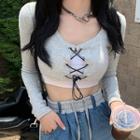 Long-sleeve Lace-up Crop Top / Two-tone Wide Leg Jeans