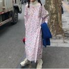 Long-sleeve Floral Print Midi A-line Dress Multicolor Floral - White - One Size