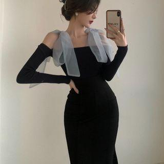Cold-shoulder Ruffle Hem Midi Sheath Dress Black - One Size