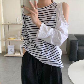 Asymmetric Cold-shoulder Striped Round Neck Top