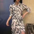 Printed Lace-up Long-sleeve Midi Dress As Shown In Figure - One Size