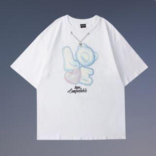 Couple Matching Short-sleeve Bear Print T-shirt With Chain