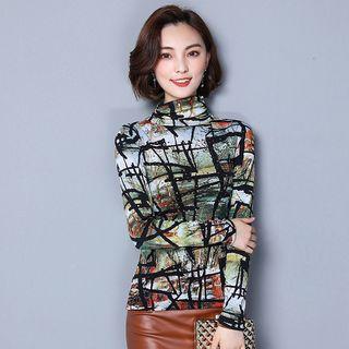 Mesh Print Sequined Slim-fit Long-sleeve Top