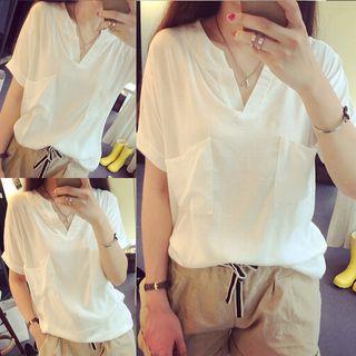 V-neck Short-sleeve Pocket-patch Blouse