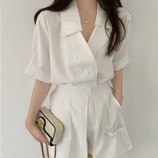 Set: Short-sleeve Open-collar Double-breasted Shirt + Shorts
