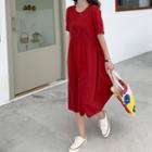 Short-sleeve Midi Plain Dress Wine Red - One Size