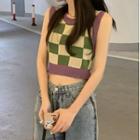 Sleeveless Plaid Crop Knit Top Green - One Size