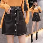 Buttoned Asymmetric A-line Faux Leather Skirt
