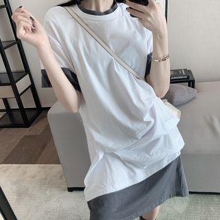 Mock Two-piece Short-sleeve Shirred T-shirt Dress White & Gray - One Size