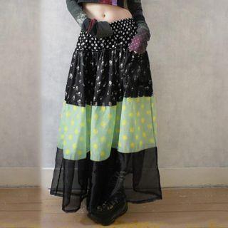 Low Rise Floral Print Paneled Dotted Mesh Maxi Skirt
