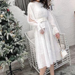 Long-sleeve A-line Fringe Dress With Belt