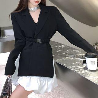 V-neck Blazer / Buckle Detail Belt / Mini A-line Skirt / Set