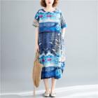 Printed Short-sleeve Midi A-line Dress As Shown In Figure - One Size