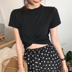 Set: Short-sleeve Twisted Cropped Top + Dotted Wide Leg Pants