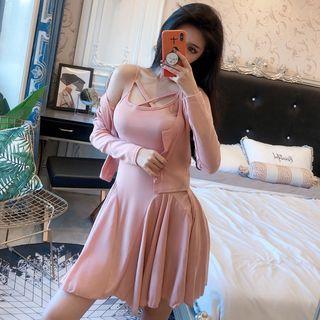 Set: Crop Buttoned Jacket + Spaghetti Strap Mini A-line Dress